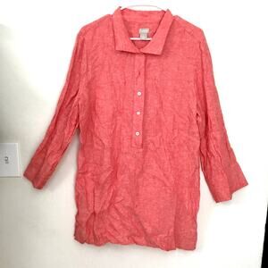 Chico's Coral 100% Linen Button Up Tunic Notched Cuffs Sz 3 Us 16/18